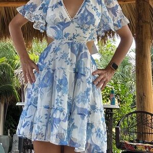 Hello Molly Blue and White Ruffled Wrap Sundress